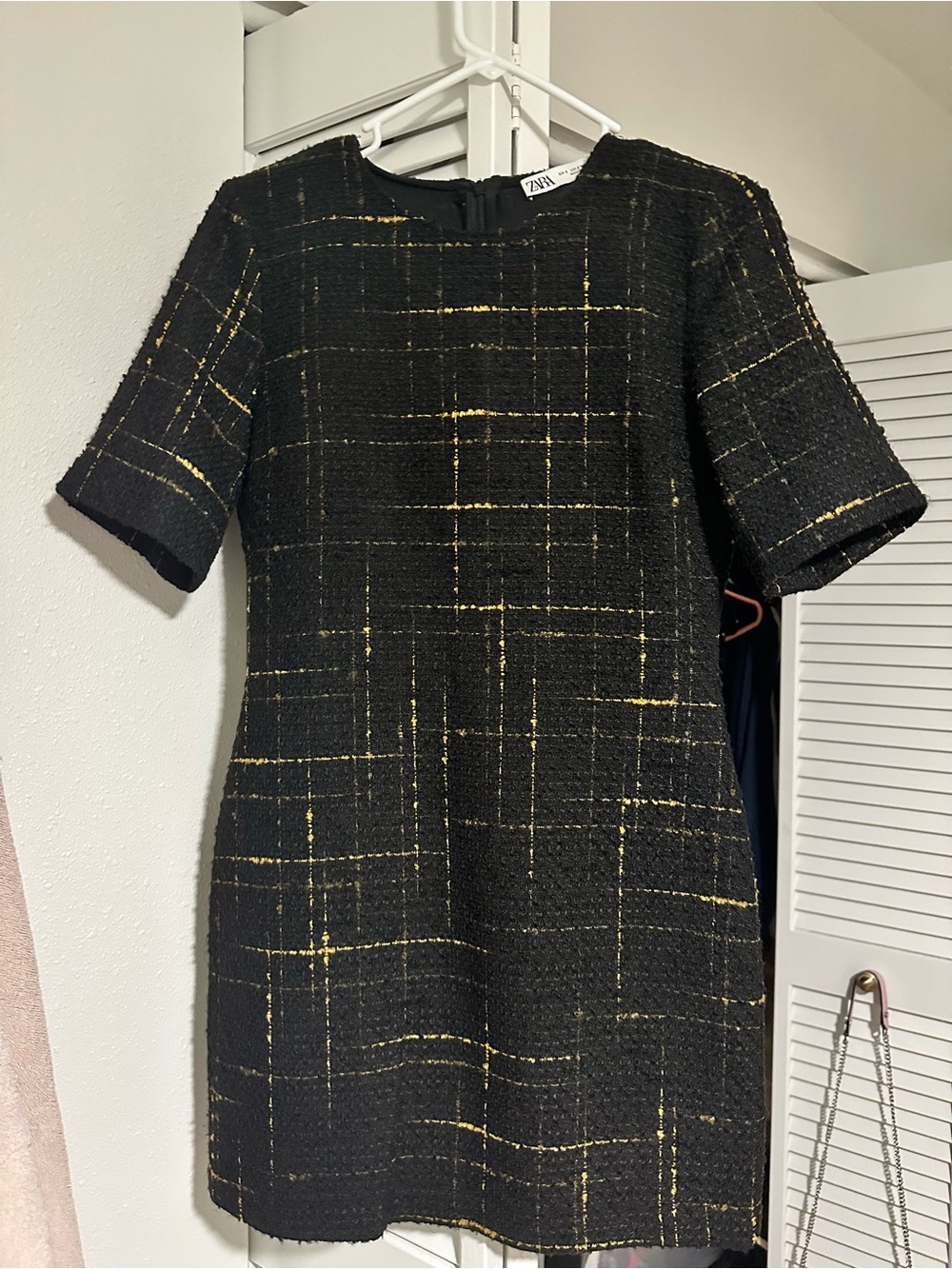 Zara Black Tweed Shift Dress with Gold Threading